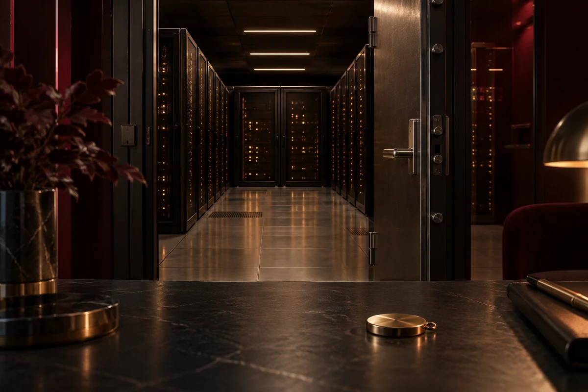 Open secure door, server cabinets and a brass access fob.