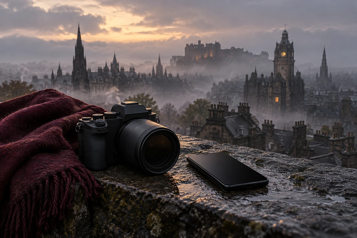 Camera and dark-screen phone on a wet rooftop above misty old buildings.
