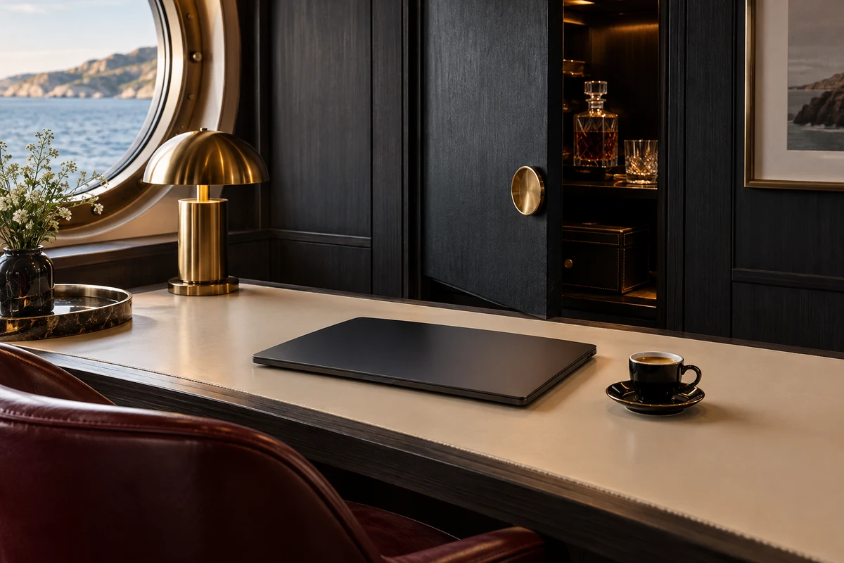 Closed laptop and espresso beside a slightly open wall panel aboard a yacht.