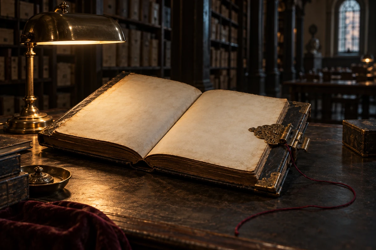 Antique ledger with brass clasp and burgundy thread on an archive table.