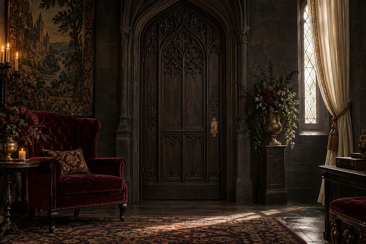 Closed carved door and burgundy armchair in a gothic chamber.