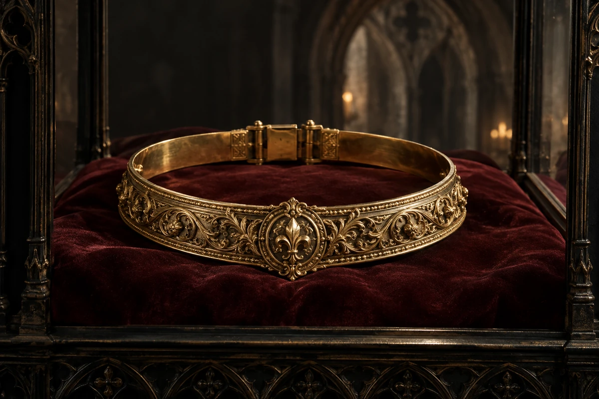 Closed gold neck circlet on burgundy velvet in a dark display case.