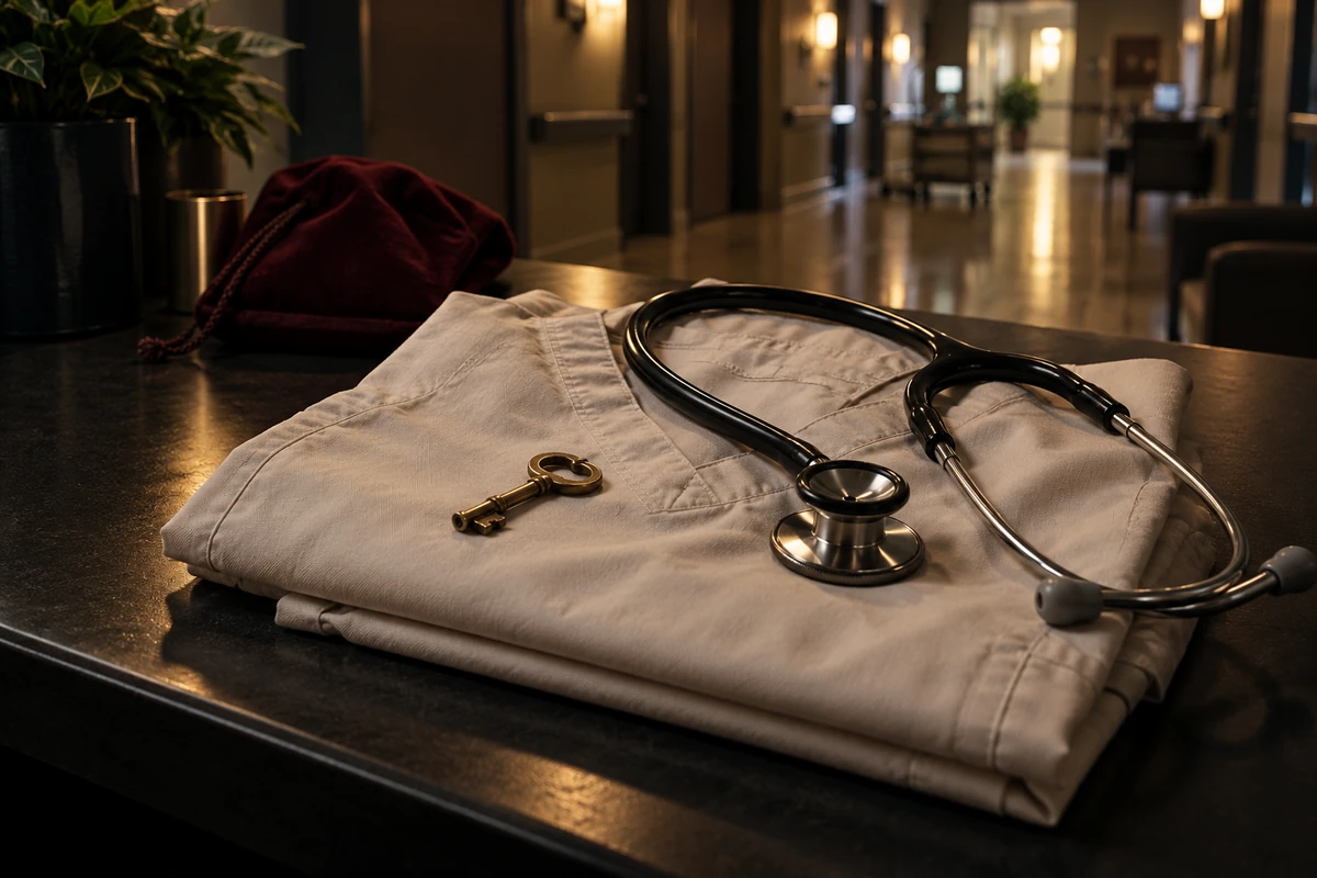 Brass key and stethoscope on folded medical scrubs.