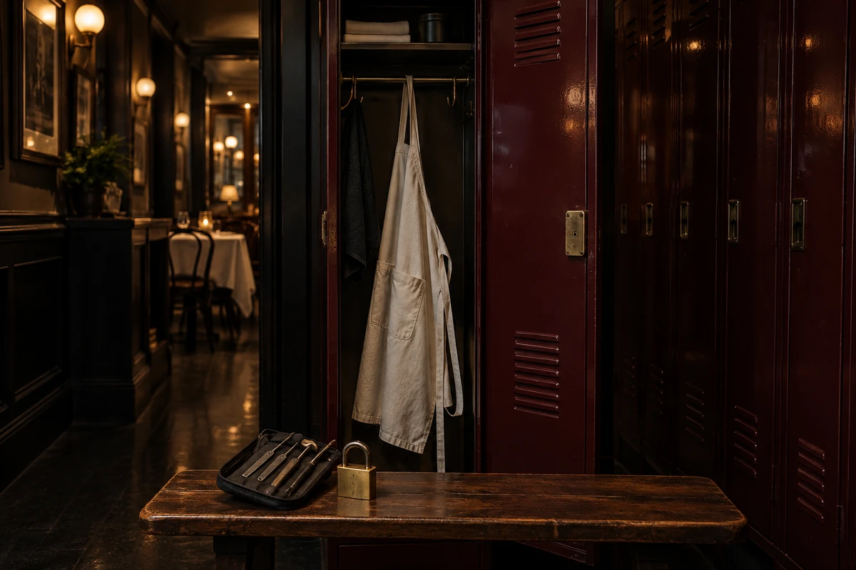Open staff locker with an apron, padlock and locksmith’s tool pouch.