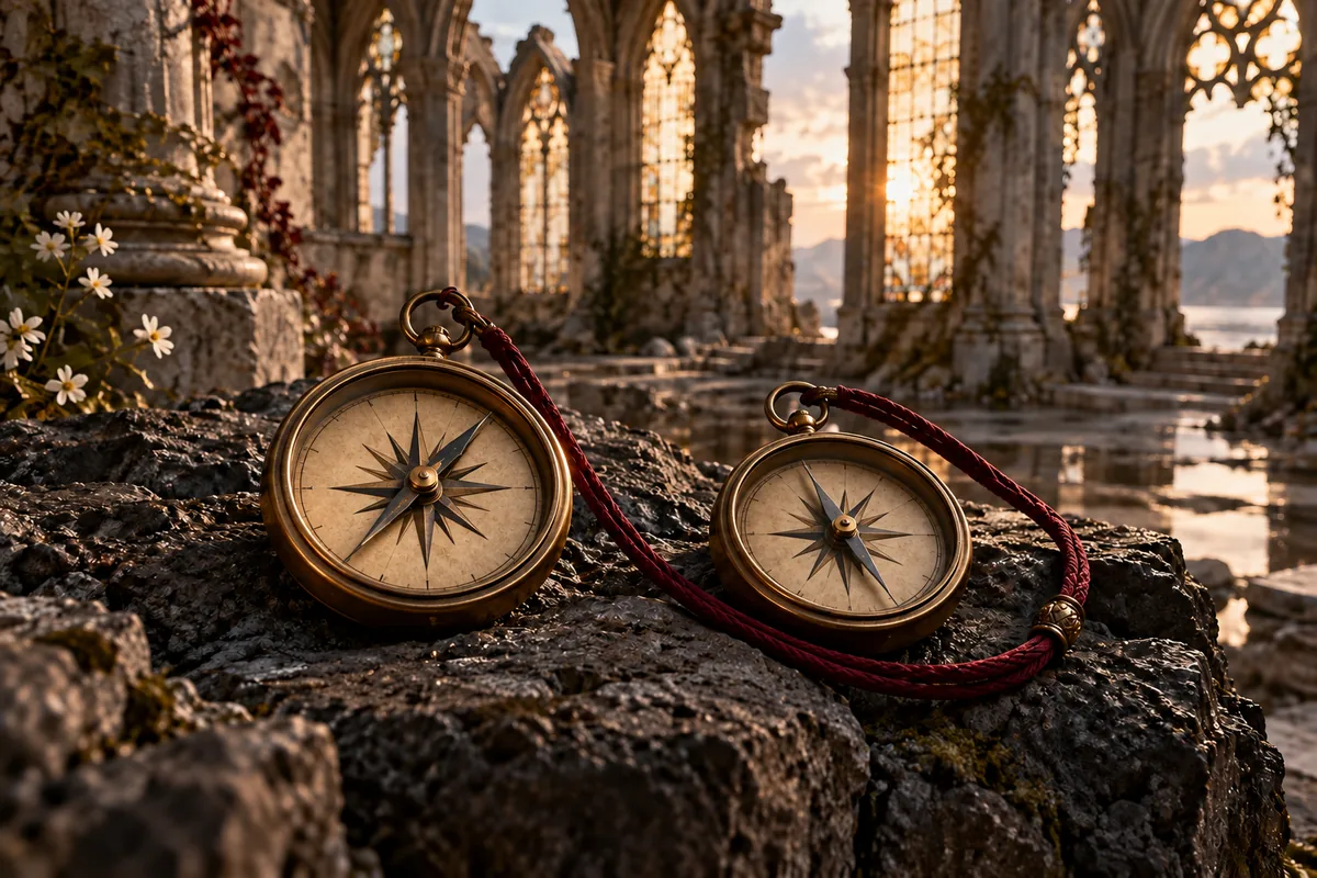 Two brass compasses linked by a burgundy cord among glass basilica ruins.