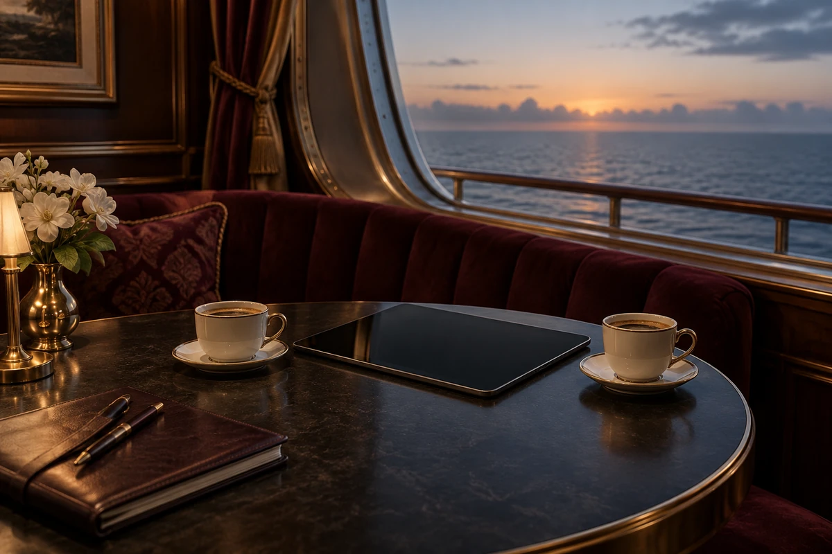 Two espresso cups and a dark-screen tablet beside a ship’s ocean window.