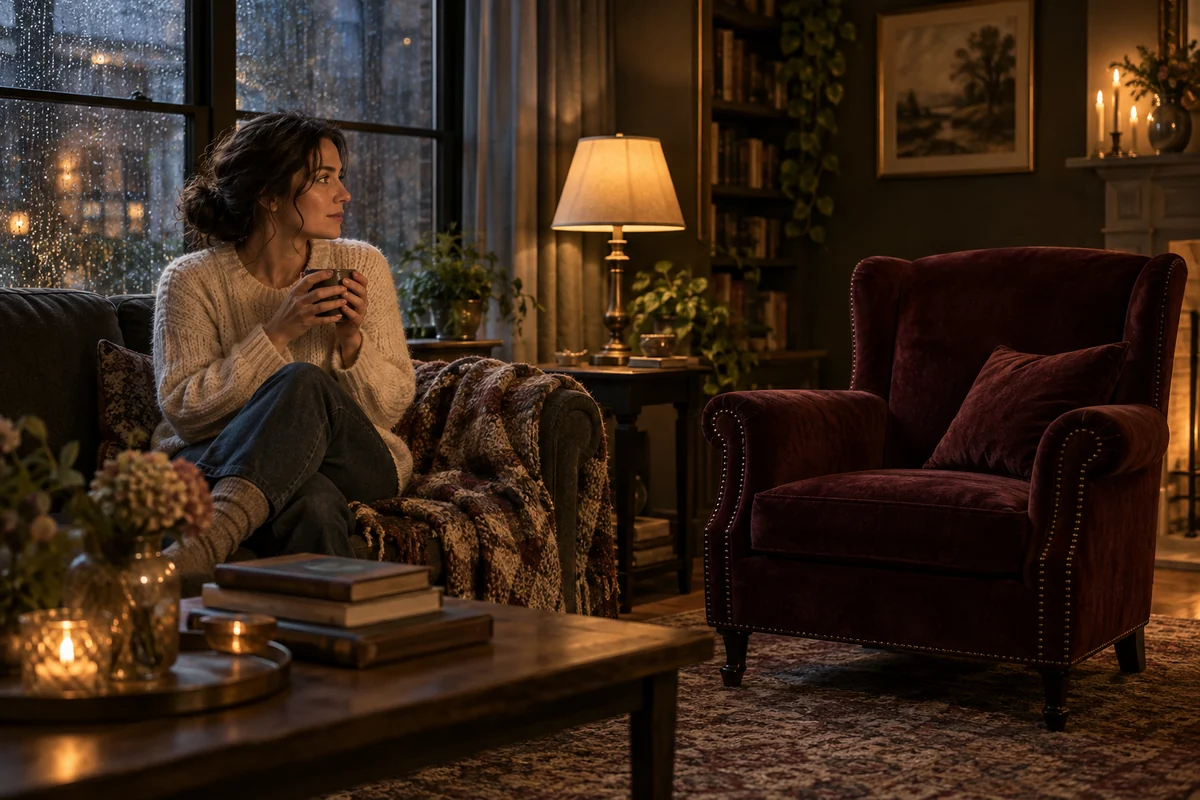 A woman holding a mug beside a rainy window and an empty armchair.