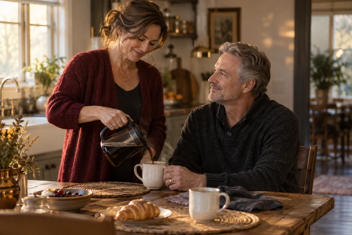 A couple shares coffee at a breakfast table in a softly lit kitchen.