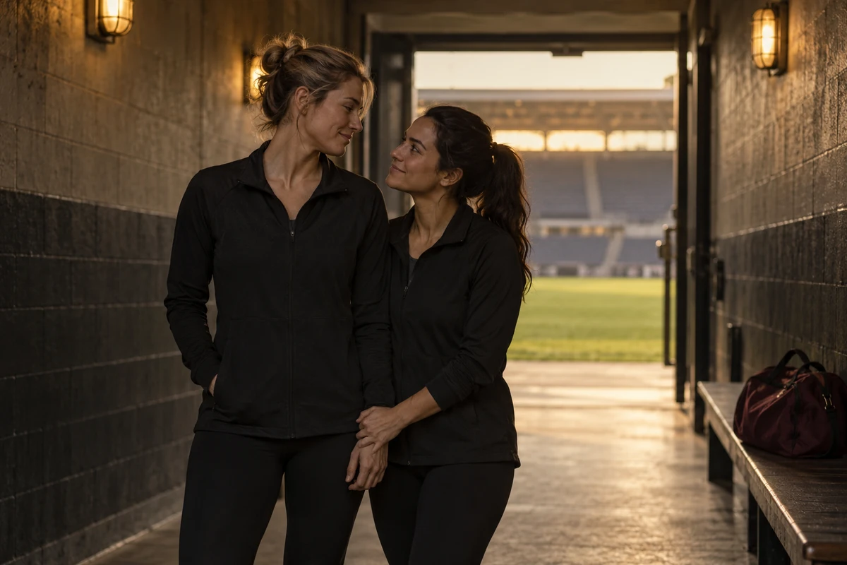 Two women in sports jackets share a quiet moment in a stadium corridor.