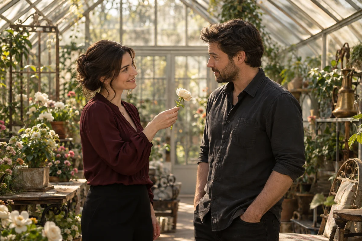 A woman offers a pale flower to a man in a sunlit greenhouse.