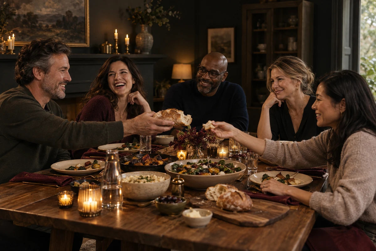 Friends pass bread and talk around a warmly lit dinner table.