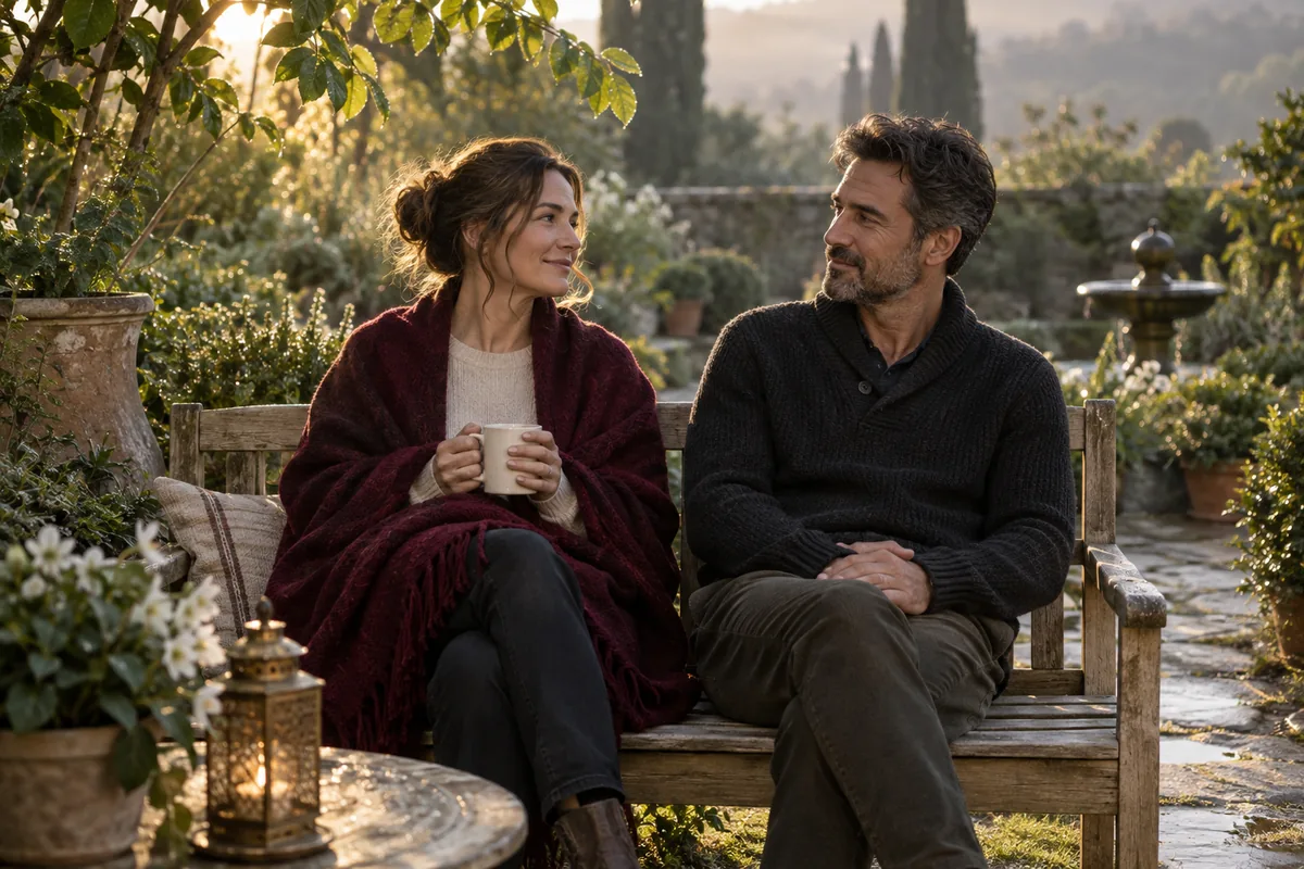 Two adults sit with space between them on a garden bench, one holding a mug.