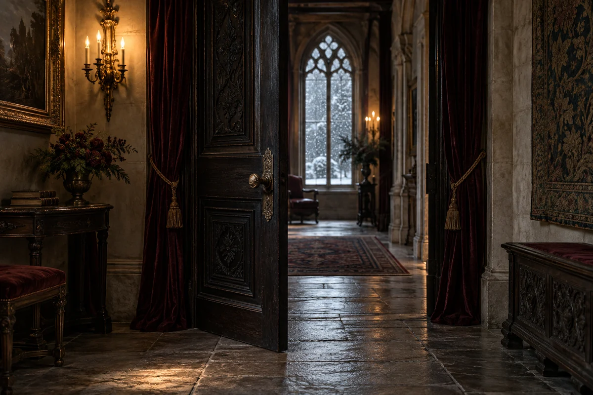 A partly open wooden door in a manor corridor lit by an antique wall lamp.