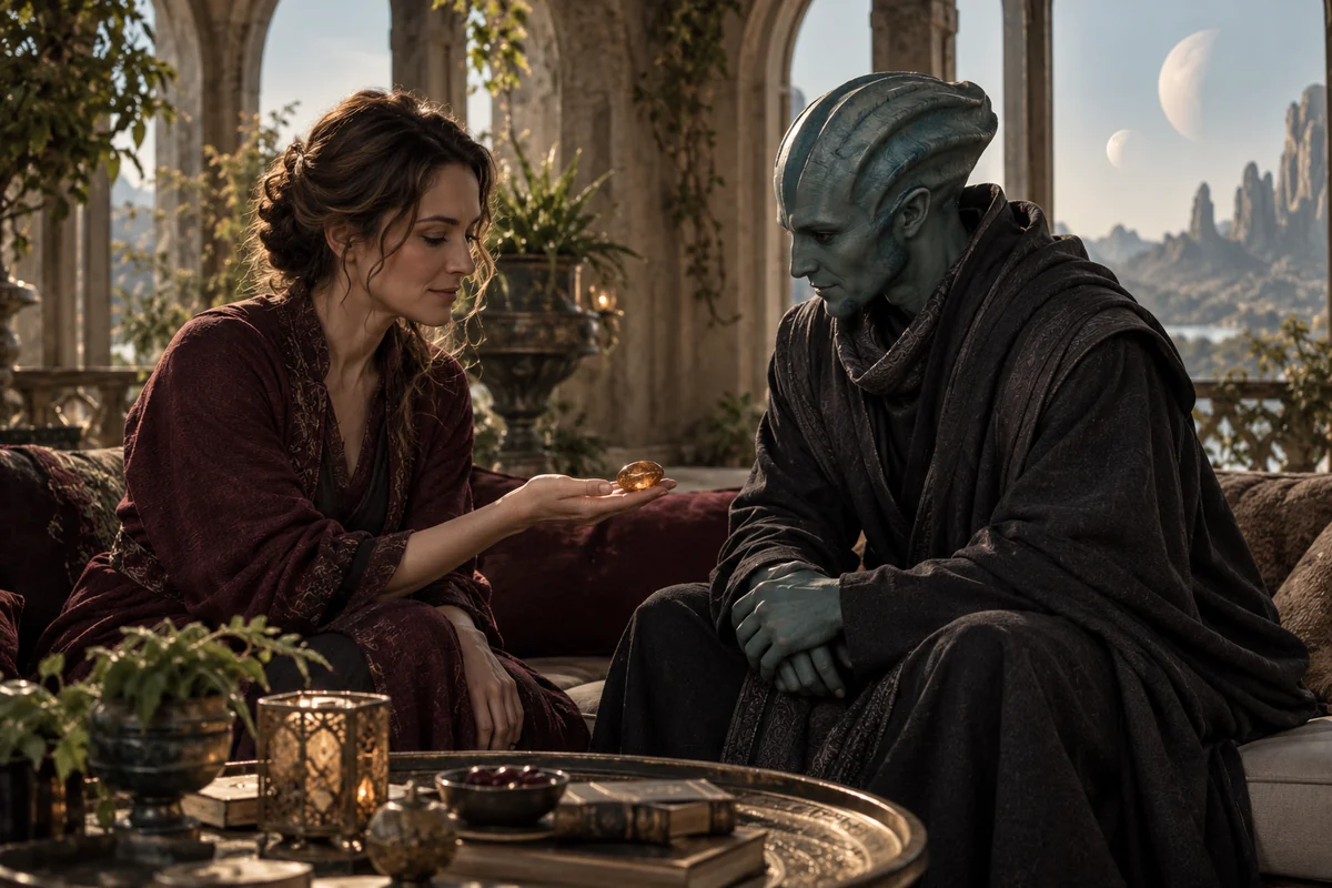 A woman and a teal-skinned humanoid examine an amber stone beside a window with two moons.
