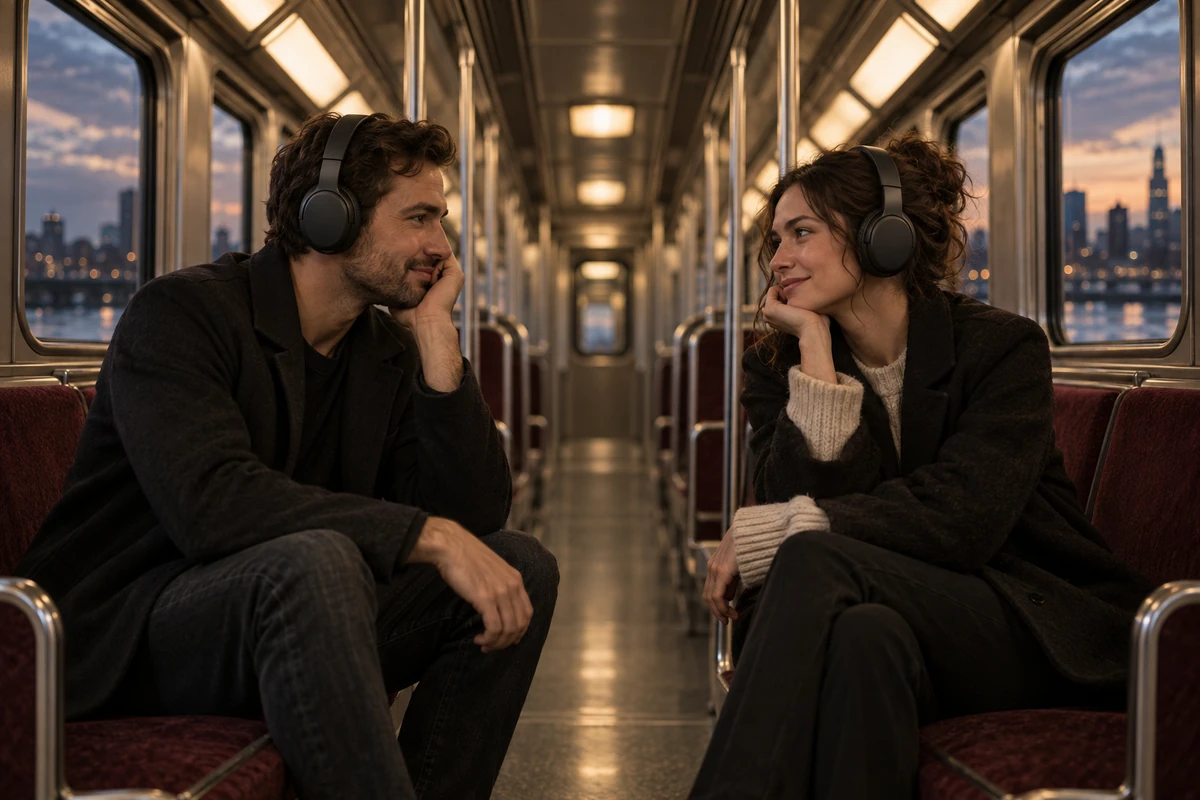 Two passengers wearing headphones exchange a glance in an almost empty train.