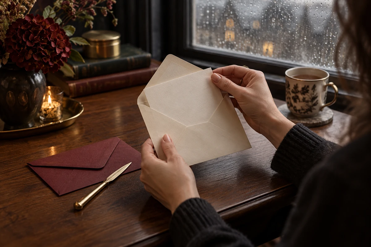 Hands open a cream envelope beside a rainy window.