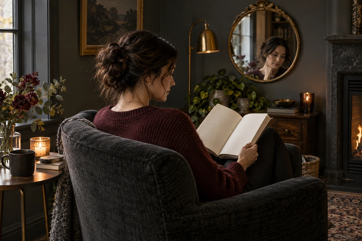A woman reads in an armchair beside a mirror reflecting her face.