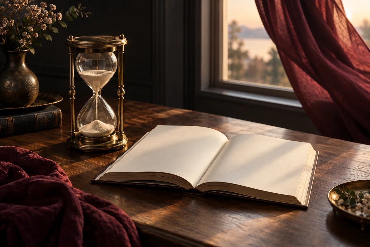 An hourglass and an open book on a table beside a burgundy curtain.