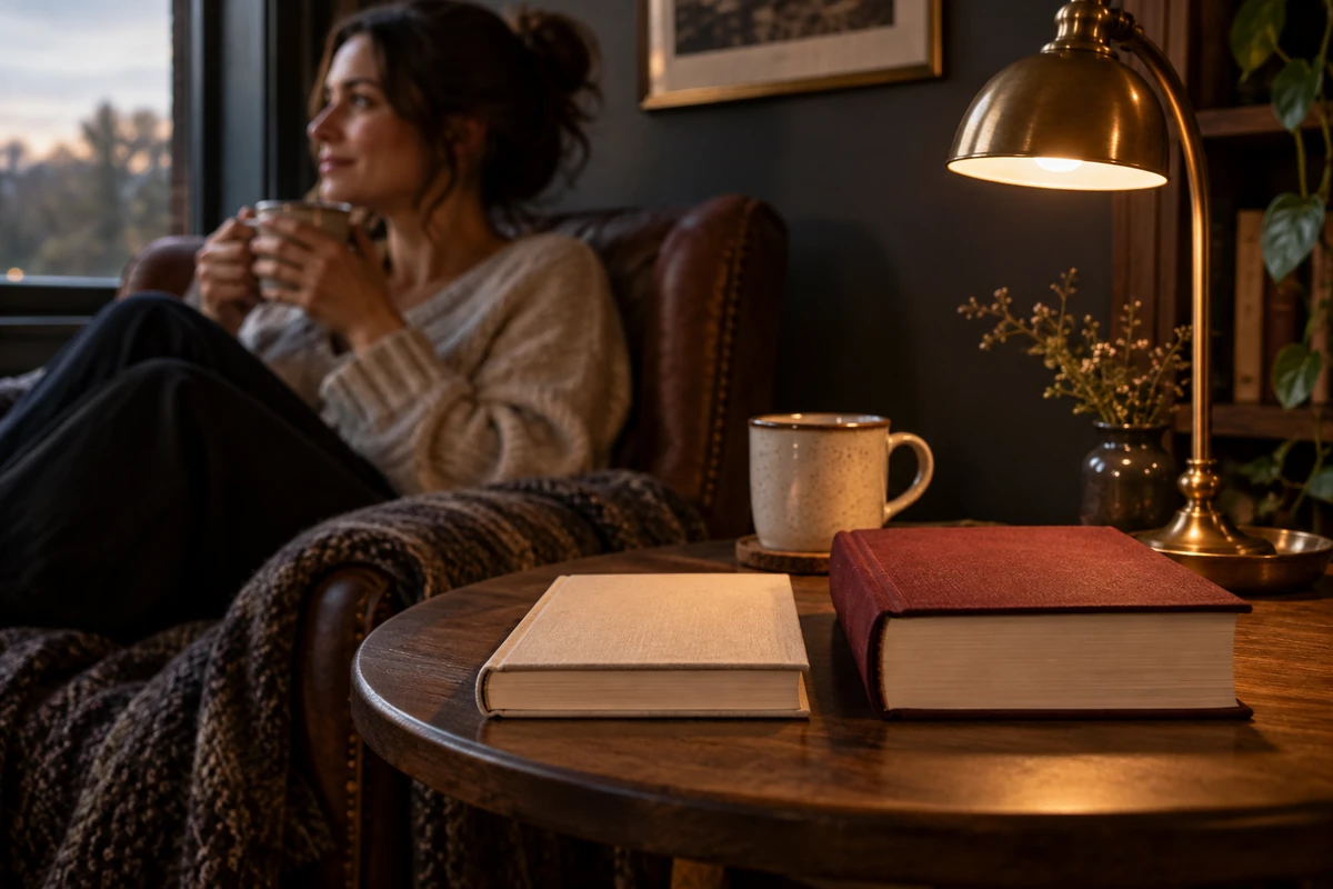 A thin cream book and a thick burgundy book beside a reading lamp and mug.