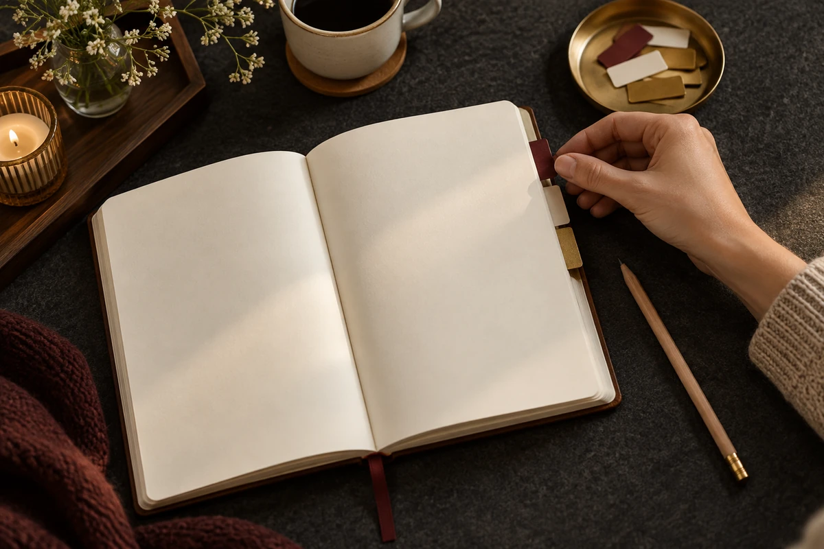 A hand places a burgundy page tab in an open book beside a pencil.