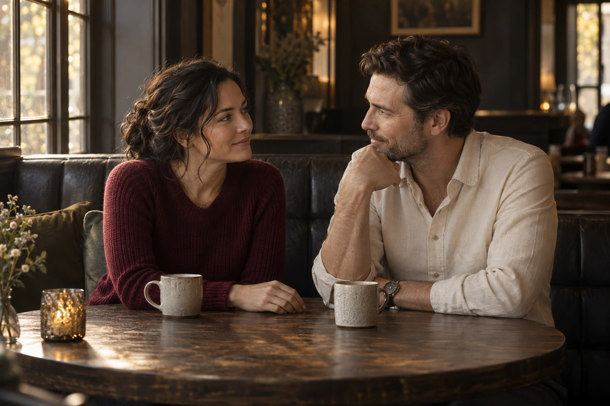 Two adults talk closely over coffee in a quiet café booth.