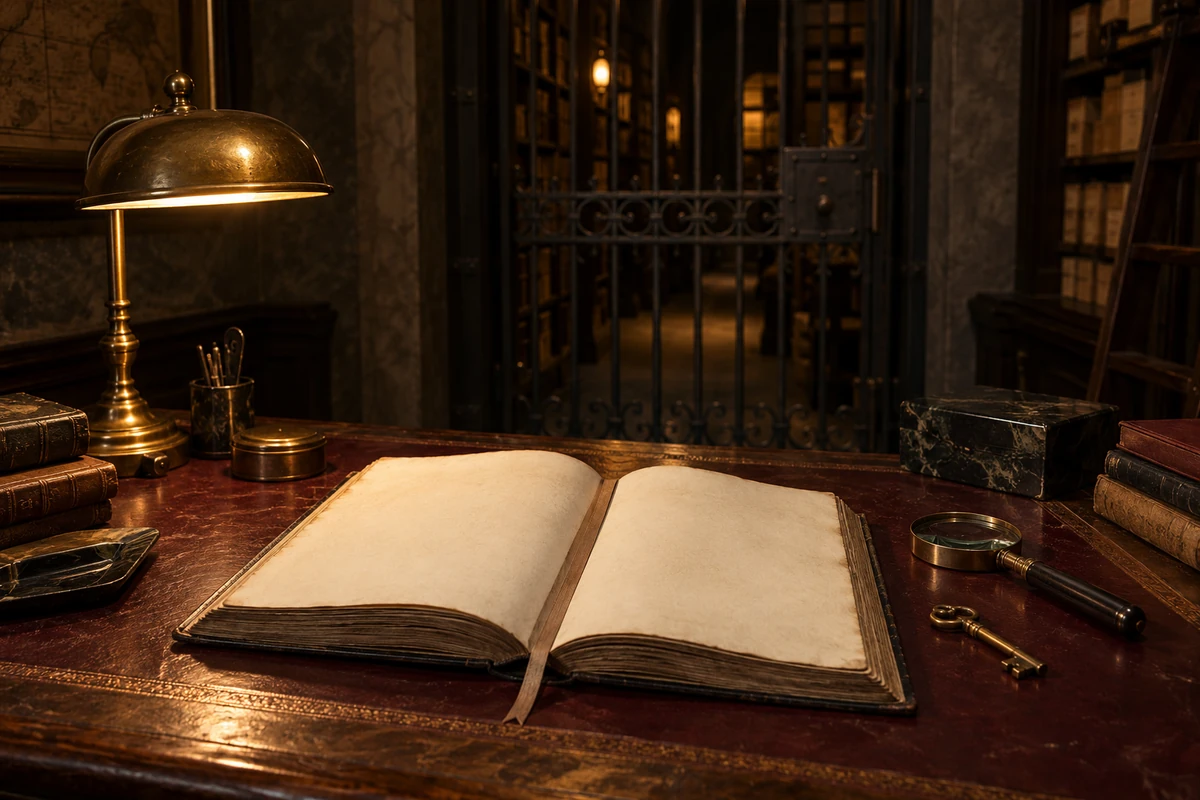An old book, magnifying glass and brass key on a desk before an archive gate.