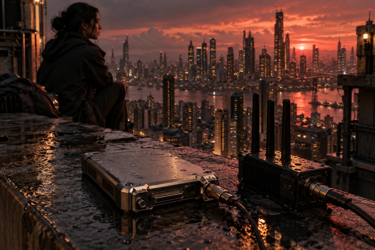 Data drive and signal jammer on a rooftop above a futuristic city.