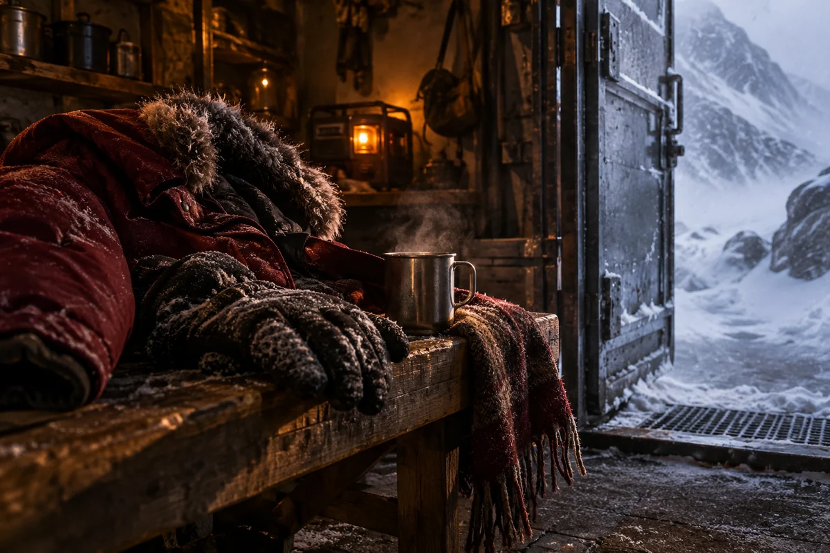 Équipement d’hiver et tasse fumante dans un refuge de montagne pendant une tempête de neige.