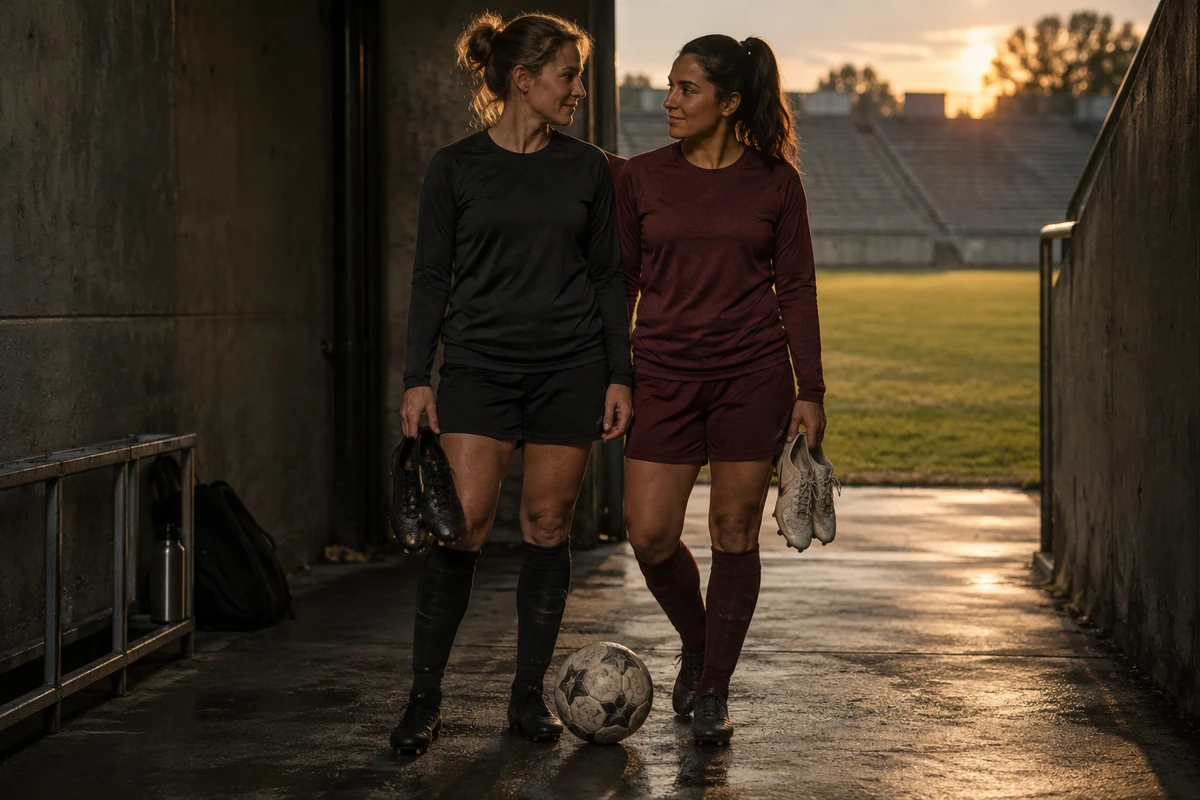 Deux femmes en tenue d’entraînement de football tiennent des crampons dans un tunnel de stade.