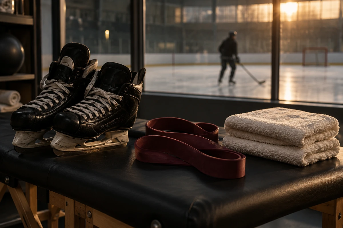Hockey skates, a resistance band and towels on a rehabilitation bench beside an ice rink.