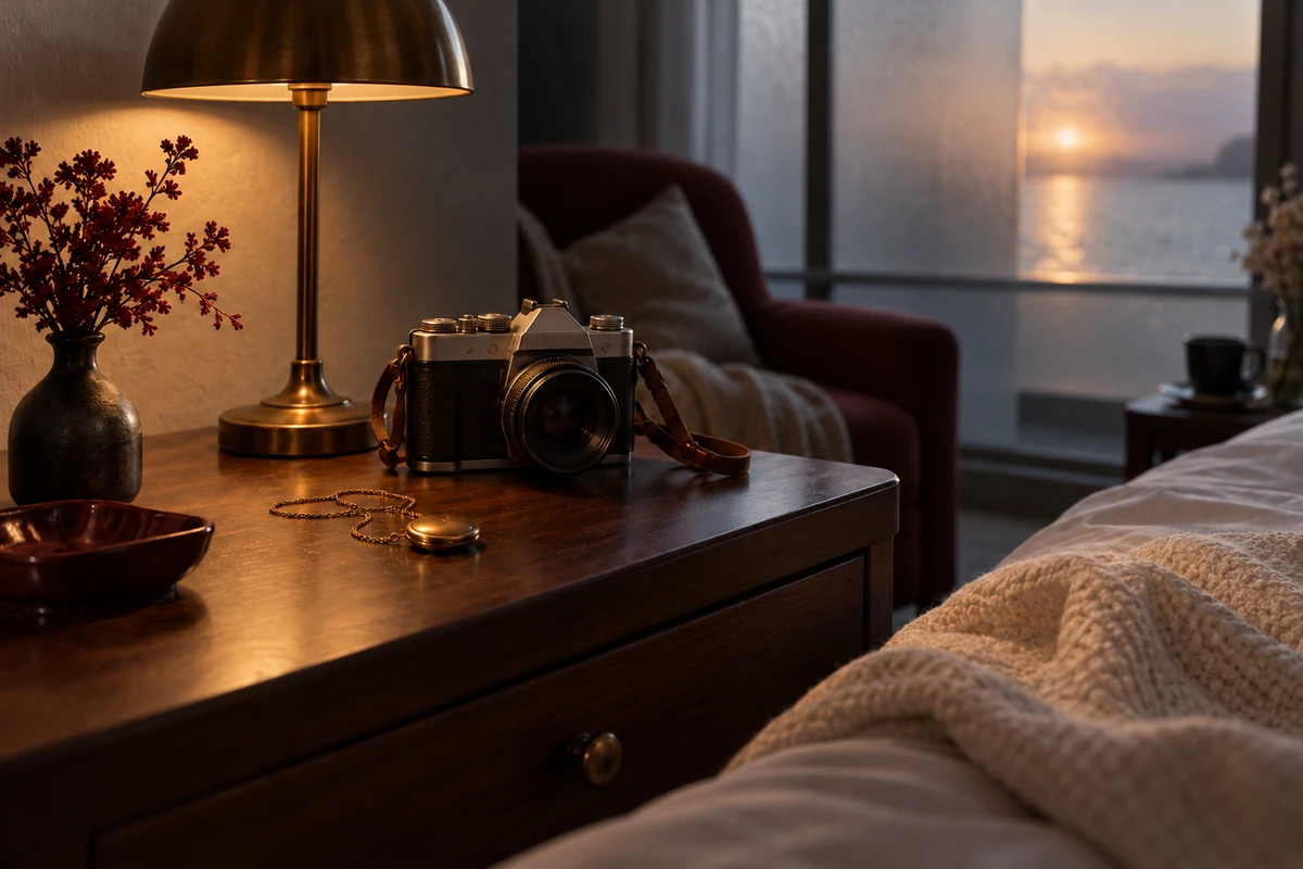 A pendant and camera on a bedside cabinet in a quiet recovery room.