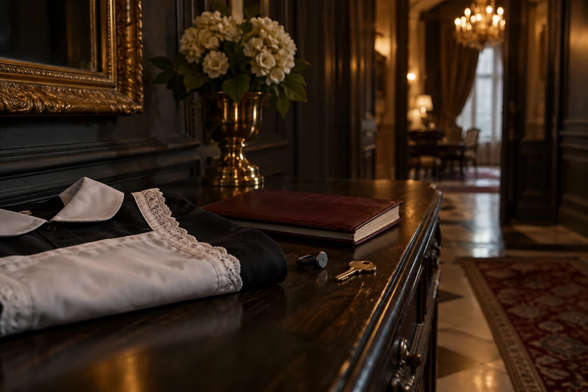 An apron, closed folio, earpiece and key on a console in an elegant corridor.