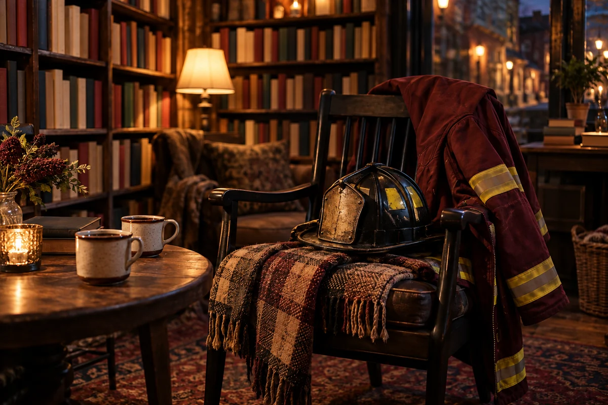 A firefighter’s helmet and coat beside two cups in a cozy bookstore.