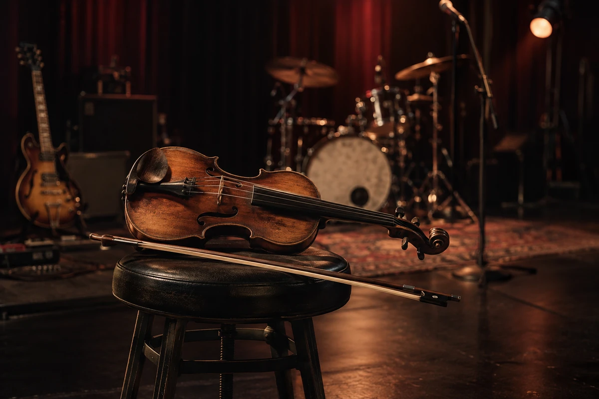 A violin and bow on a stool with a guitar, drums and microphone in a rehearsal studio.