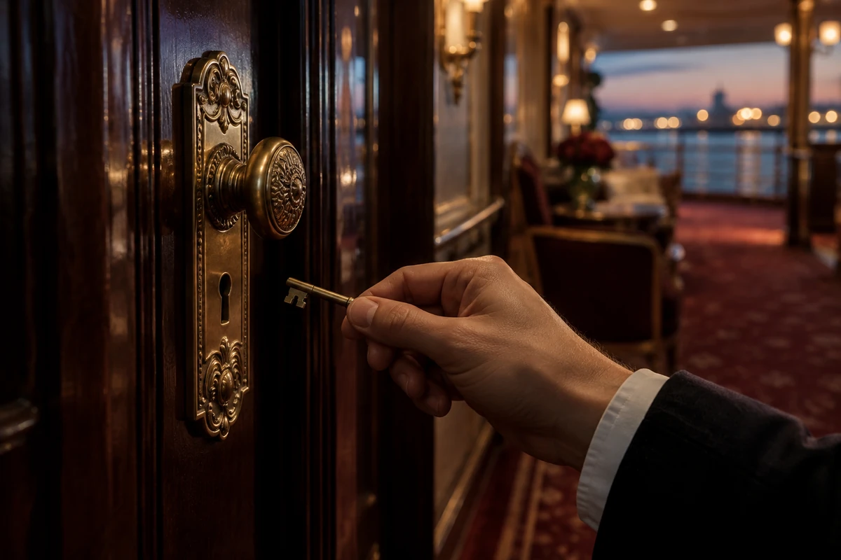 A hand holds a key beside a brass lock on a polished wooden door.