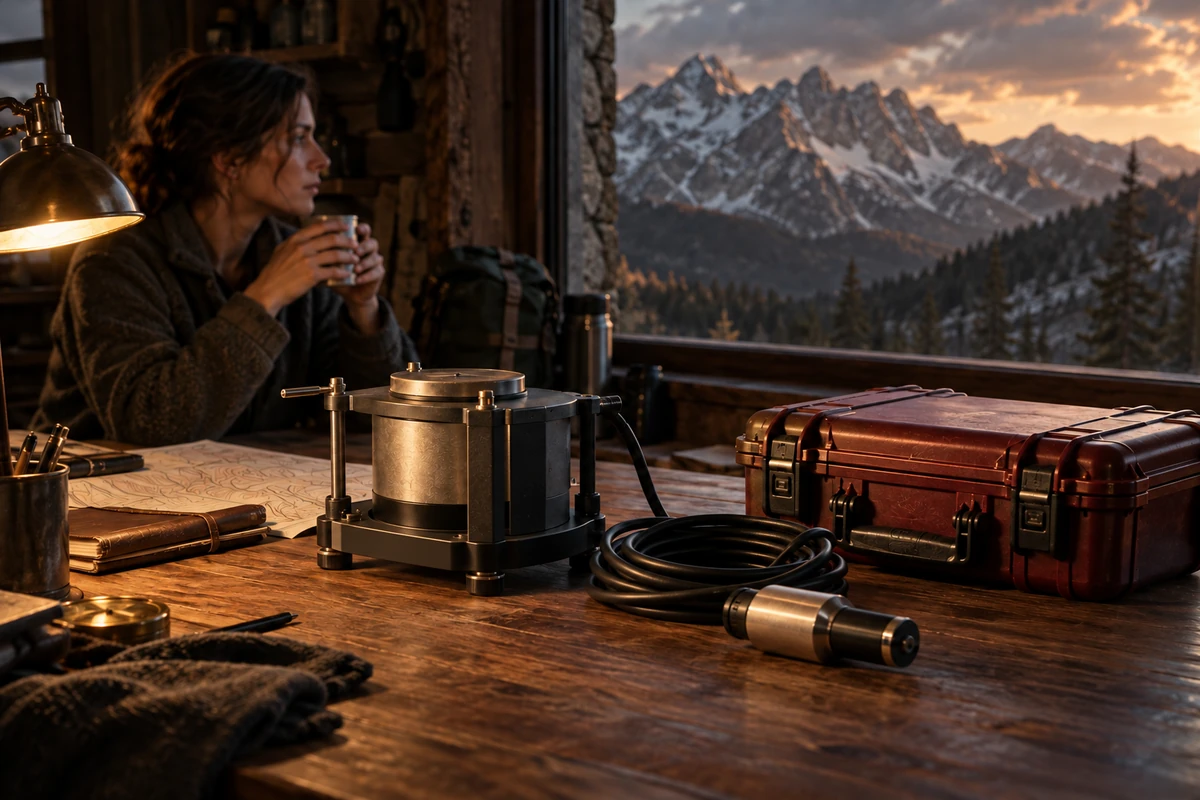Strumenti sismici e una custodia chiusa su un tavolo di una base di ricerca con vista sulle montagne.