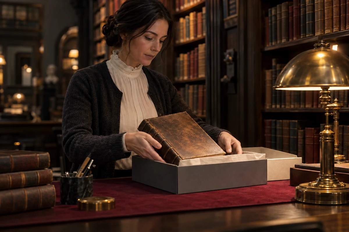 Una bibliotecaria ripone un antico libro rilegato in pelle in una scatola d’archivio su un tavolo di legno.