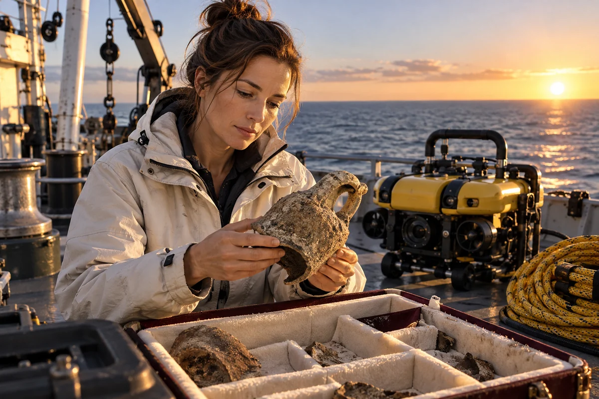 A marine archaeologist examines a weathered ceramic vessel beside a research submersible on a ship at dawn.