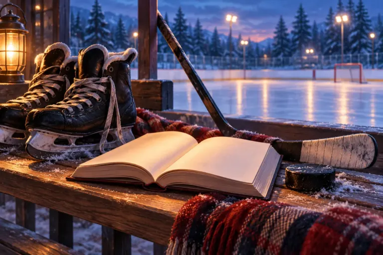 Ilustración de un libro abierto, patines, un palo y un disco junto a una pista de hockey vacía al anochecer.