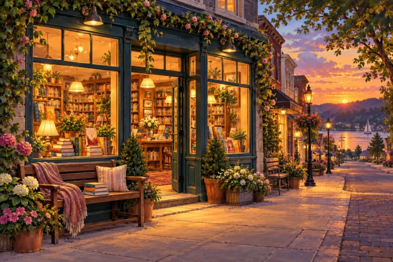 Illustration d’une librairie éclairée, avec un banc de lecture et des fleurs dans une rue paisible au coucher du soleil.