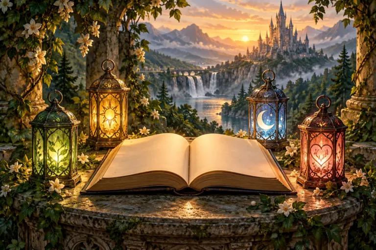 Illustration of an open book surrounded by four colored lanterns on a stone terrace overlooking a distant castle.
