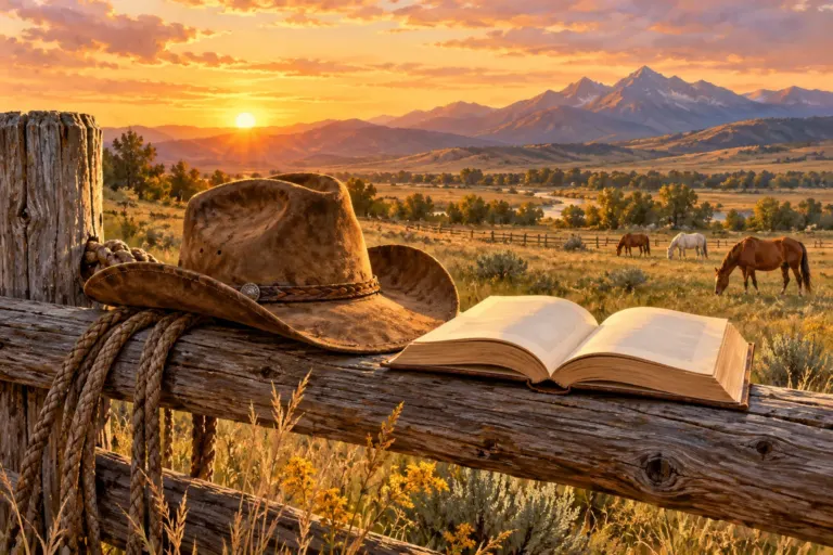 Illustrazione di un libro aperto e un cappello da cowboy su una staccionata, con cavalli al pascolo e montagne al tramonto.