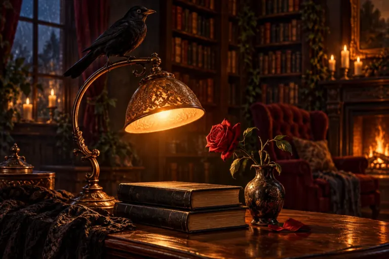 Illustration d’un merle posé sur une lampe, près de deux livres sombres et d’une rose rouge dans une bibliothèque éclairée par le feu.