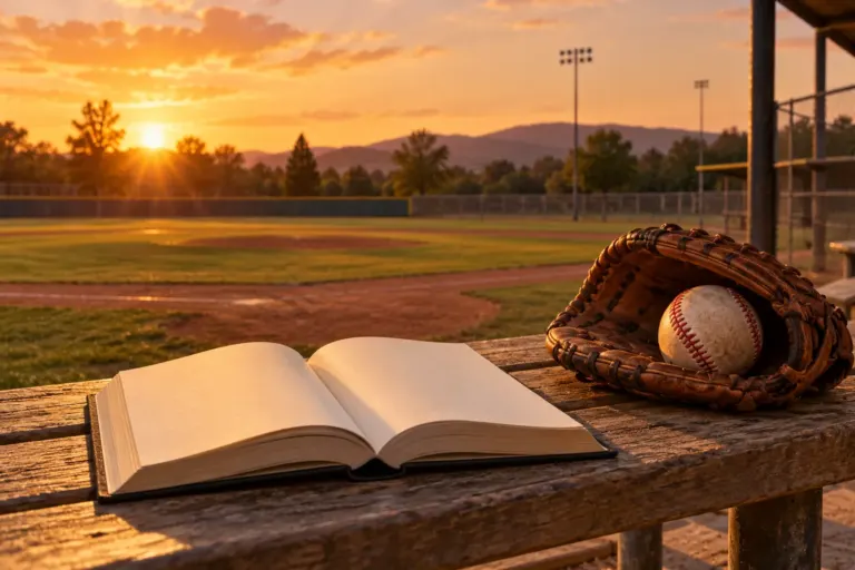 Ilustração de um livro aberto e uma bola em uma luva ao lado de um campo de beisebol vazio ao pôr do sol.