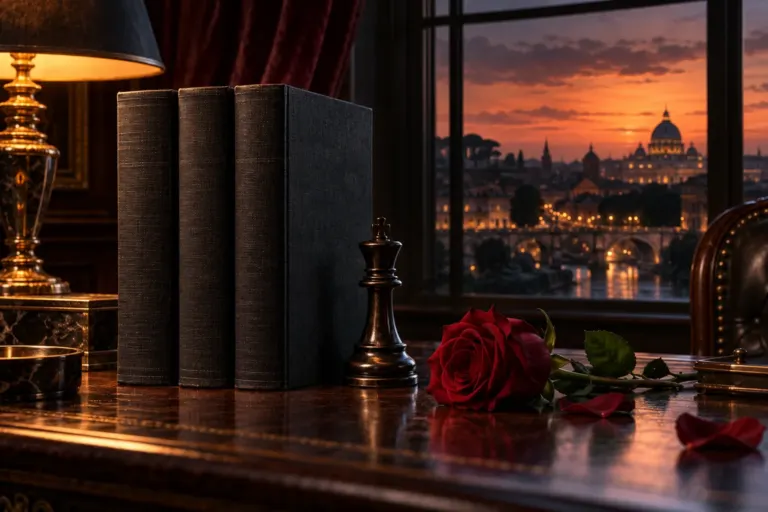 Ilustración de tres libros negros, una pieza de ajedrez y una rosa roja junto a una ventana con vistas a una ciudad al anochecer.