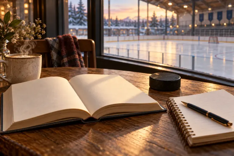 Ilustración de un libro abierto, una taza humeante, un disco de hockey y un cuaderno junto a una ventana con vistas a una pista de hielo.