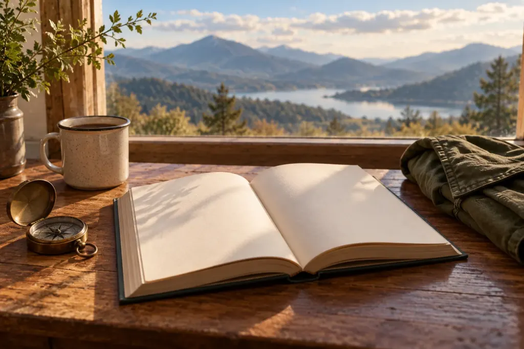 Illustration of an open book, a compass, a mug and a folded jacket beside a window overlooking a mountain lake.