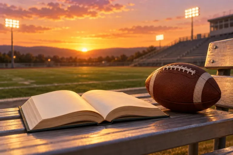 Ilustração de um livro aberto e uma bola de futebol americano ao lado de um campo vazio ao pôr do sol.