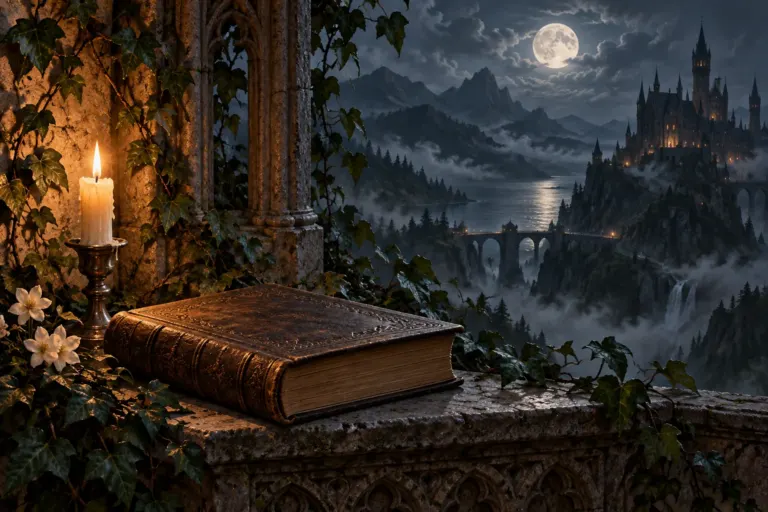 Illustration of an old closed book and a candle on a stone terrace overlooking a castle under the moon.