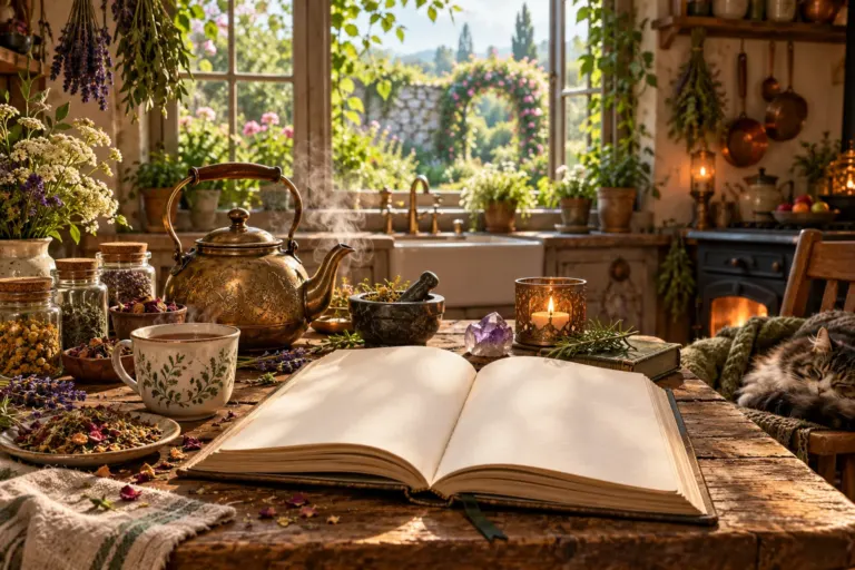 Illustration d’un livre ouvert, d’une bouilloire, d’une tasse, d’herbes et d’un chat endormi dans une cuisine de campagne ensoleillée.